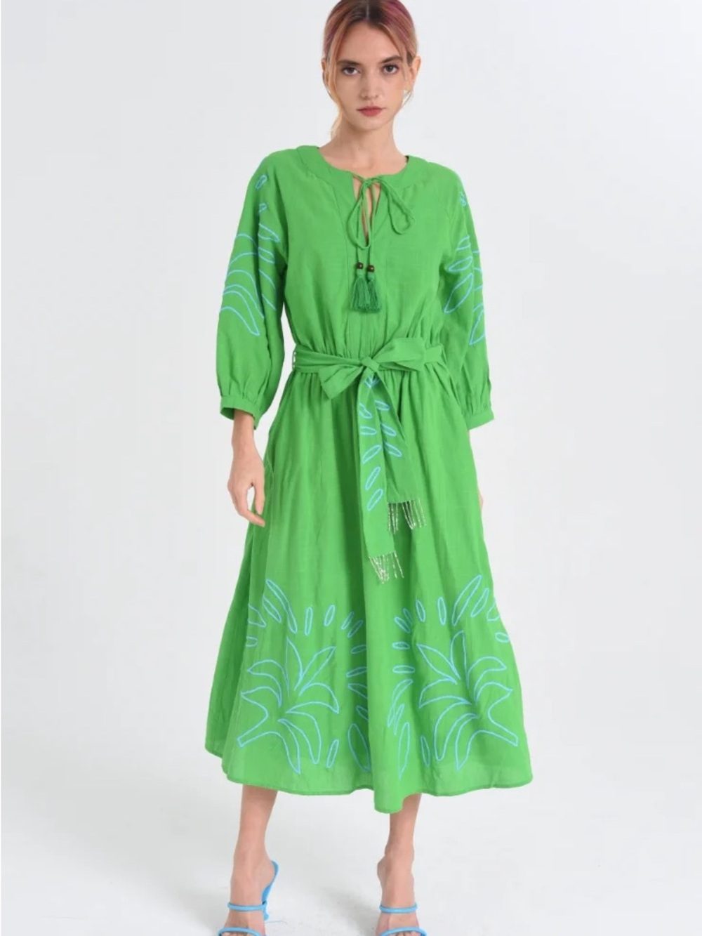 Green Embroidered Tie-Waist Maxi Dress
